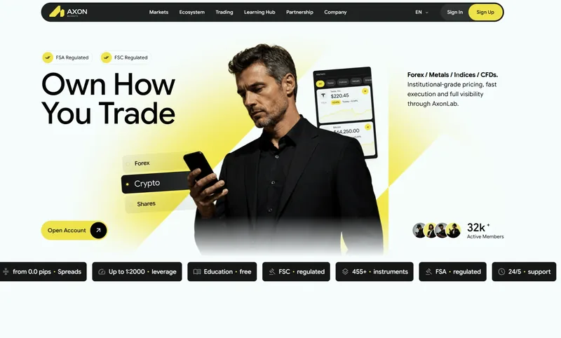 Axon Markets公式サイトのトップページ。「Own How You Trade」の見出しと、スプレッド0.0pipsから、最大2,000倍のレバレッジ、455以上の銘柄などが表示されている